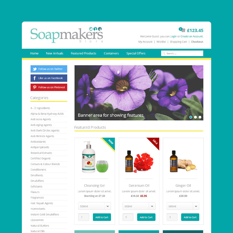 Soapmakers Store eCommerce website design created by freelance website designer Christine Wilde